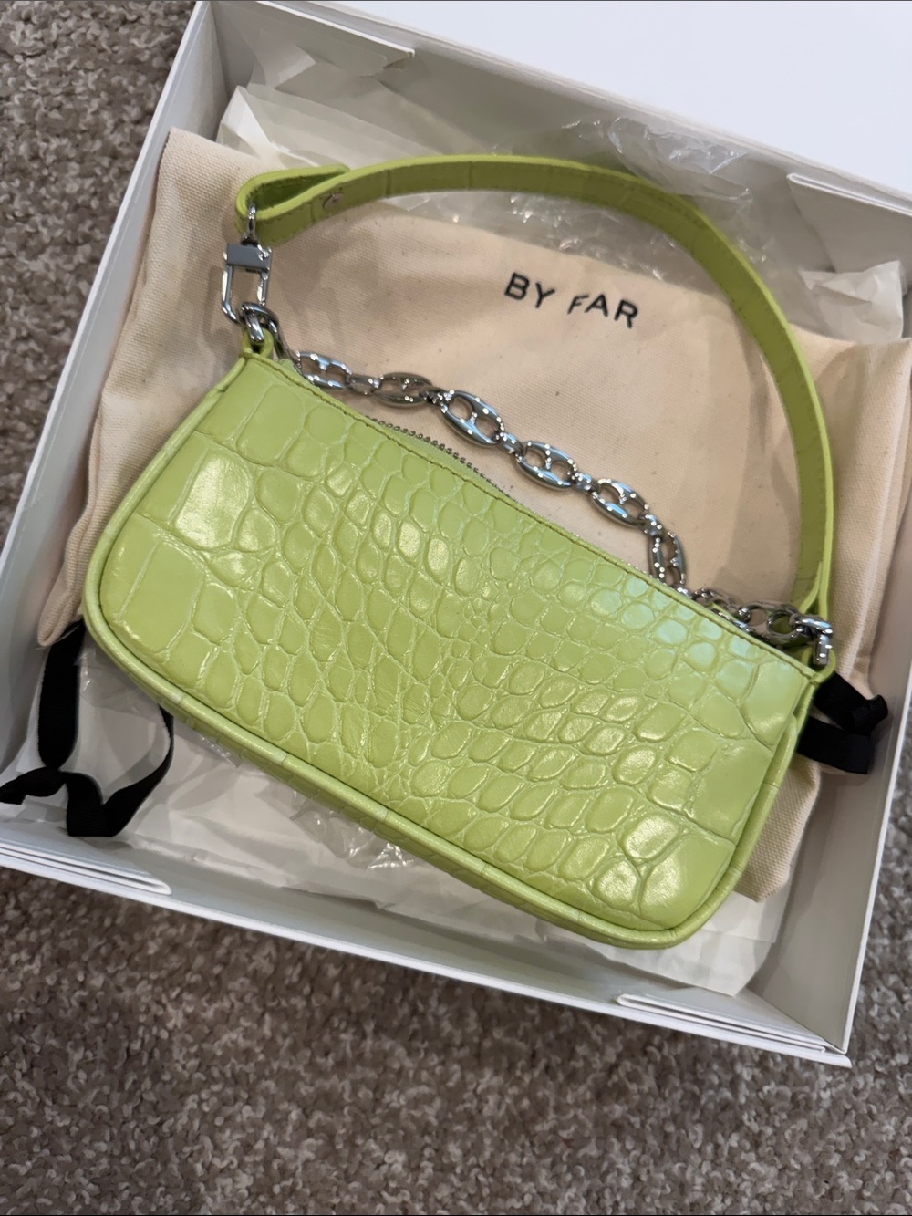 BY FAR Lime Green Croc-Embossed Mini Shoulder Bag with Silver Chain